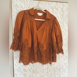 By Anthropologie Victorian Sheer Lace Blouse - Burnt Ochre - Sold Out Color